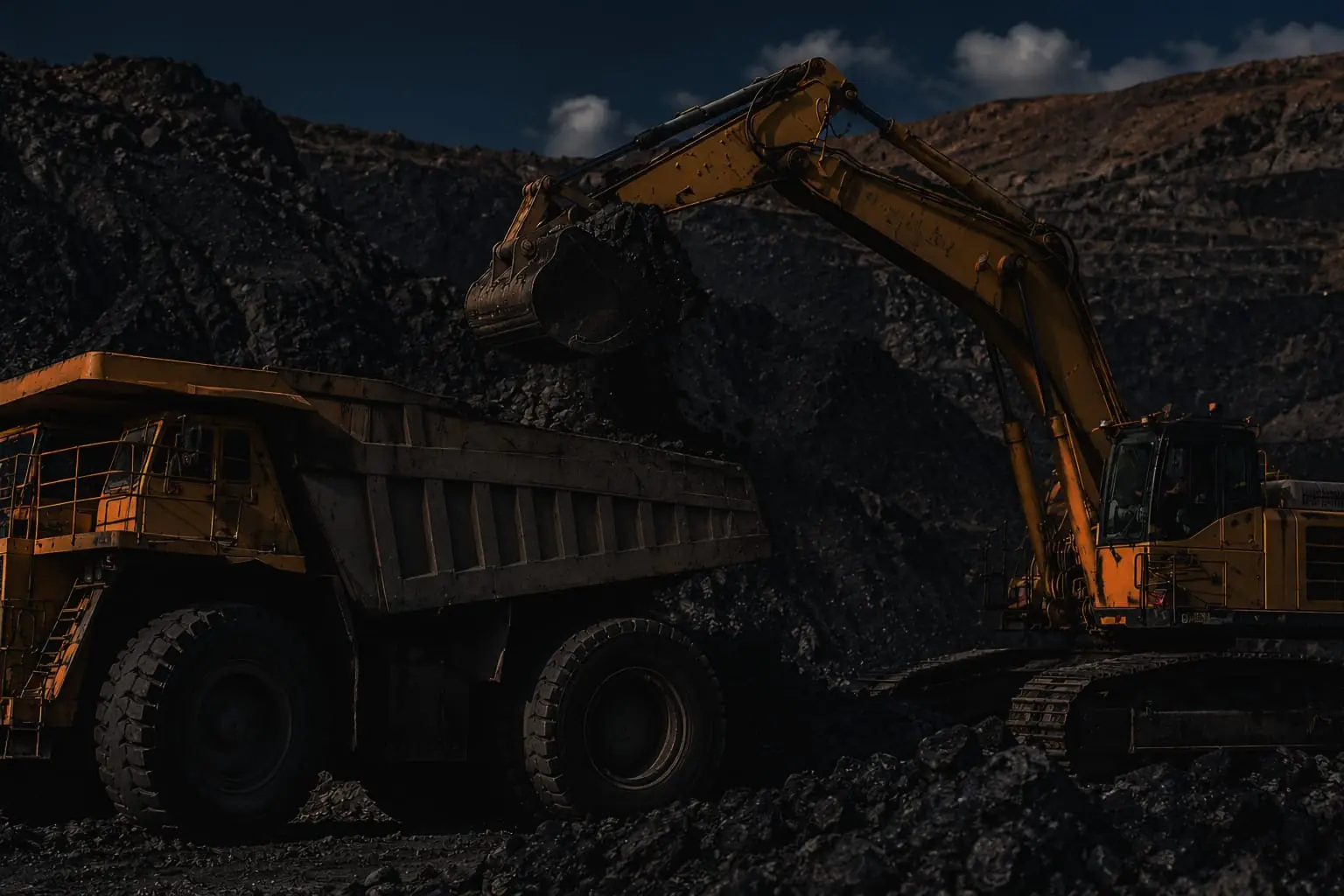 Excavator loading broken rock into a haul truck at a mine face at dusk